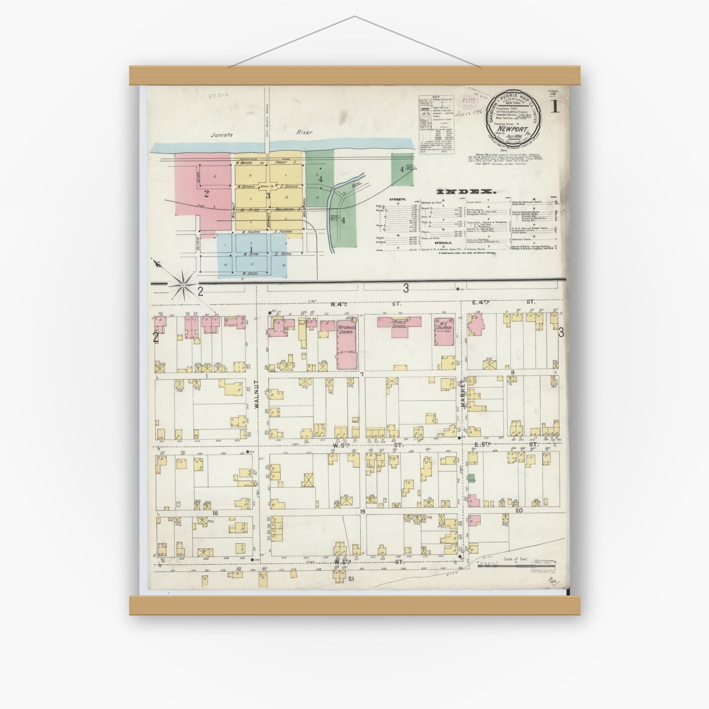 Old map wall art mockup — magnetic wood frame on white wall — Sanborn Fire Insurance Map from Newport, Perry County, Pennsylvania (1896) - Complete Map Set