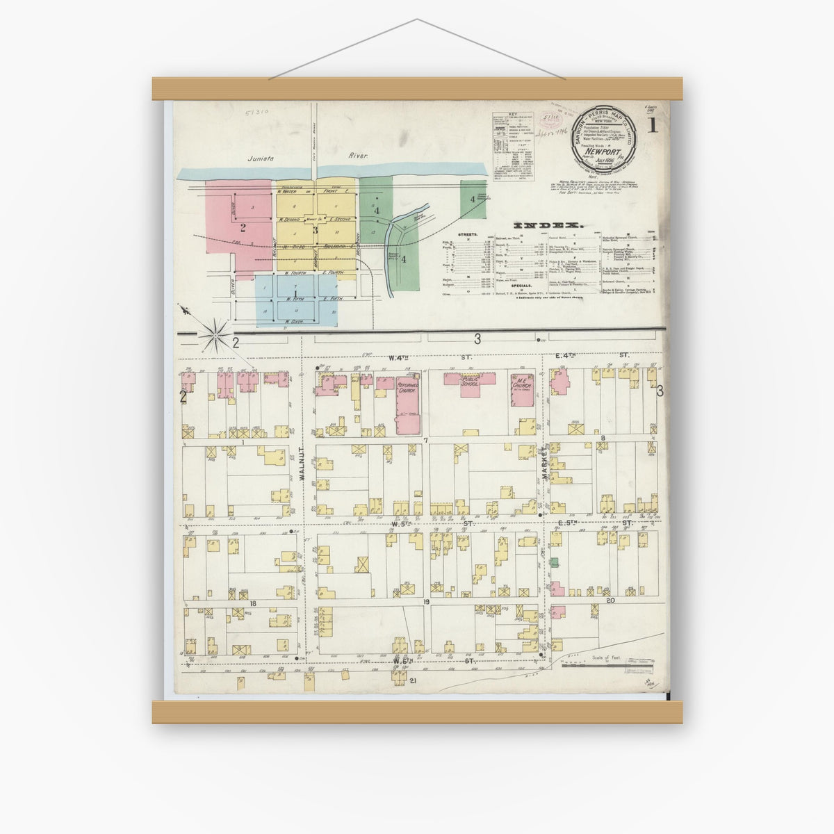 Old map wall art mockup — magnetic wood frame on white wall — Sanborn Fire Insurance Map from Newport, Perry County, Pennsylvania (1896) - Complete Map Set
