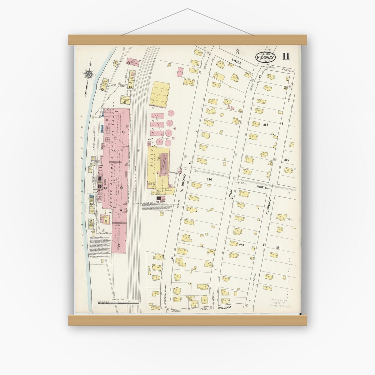 Old map wall art mockup — magnetic wood frame on white wall — Sanborn Fire Insurance Map from Ridgway, Elk County, Pennsylvania (1915), Sheet #0011