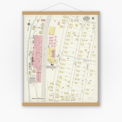 Old map wall art mockup — magnetic wood frame on white wall — Sanborn Fire Insurance Map from Ridgway, Elk County, Pennsylvania (1915), Sheet #0011