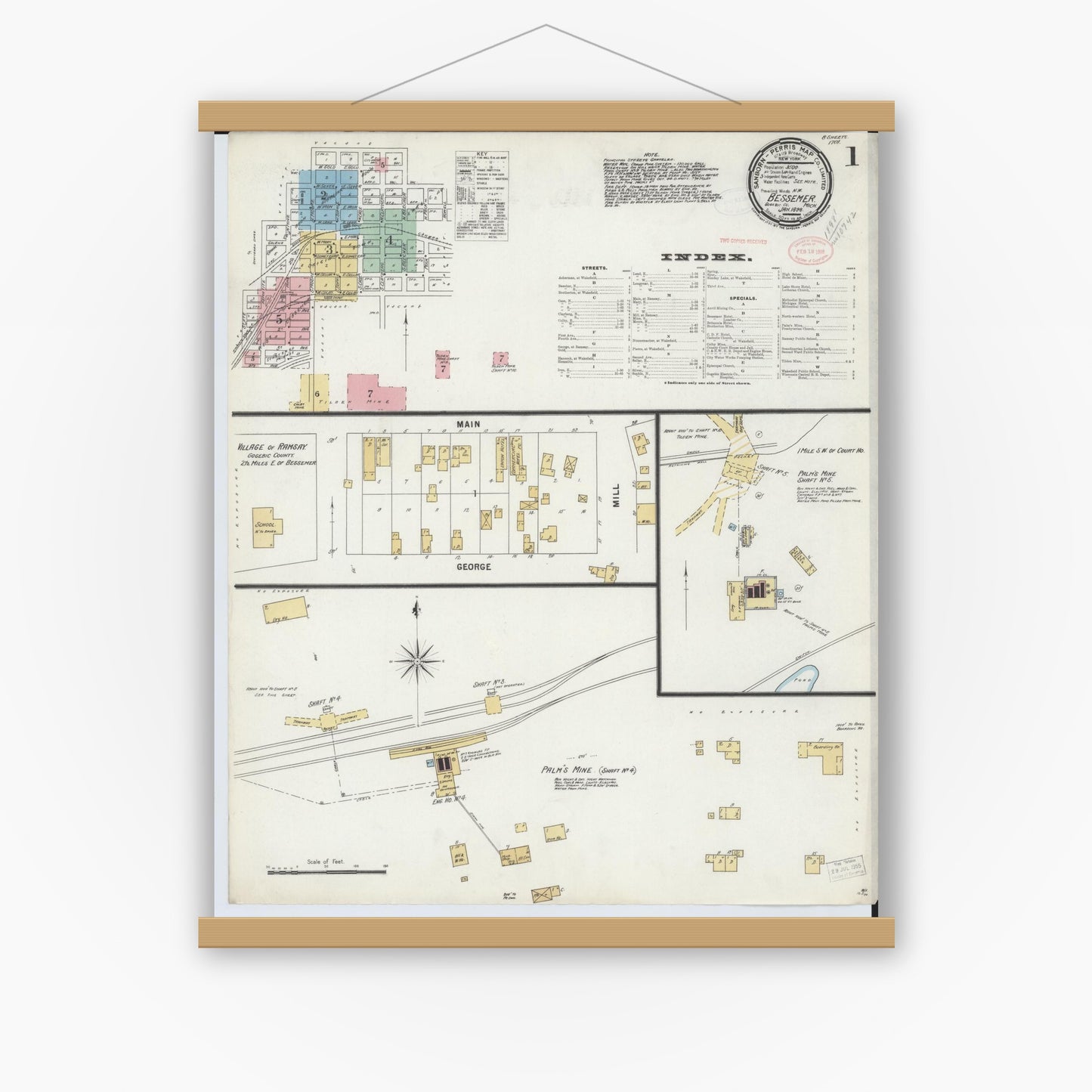 Old map wall art mockup — magnetic wood frame on white wall — Sanborn Fire Insurance Map from Bessemer, Gogebic County, Michigan (1898), Sheet #0001