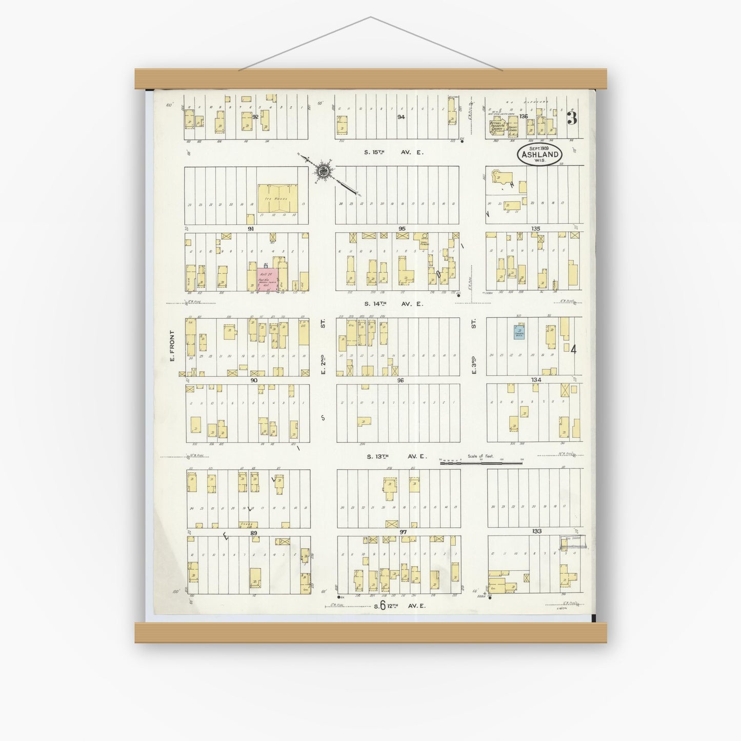 Old map wall art mockup — magnetic wood frame on white wall — Sanborn Fire Insurance Map from Ashland, Ashland County, Wisconsin (1909), Sheet #0003