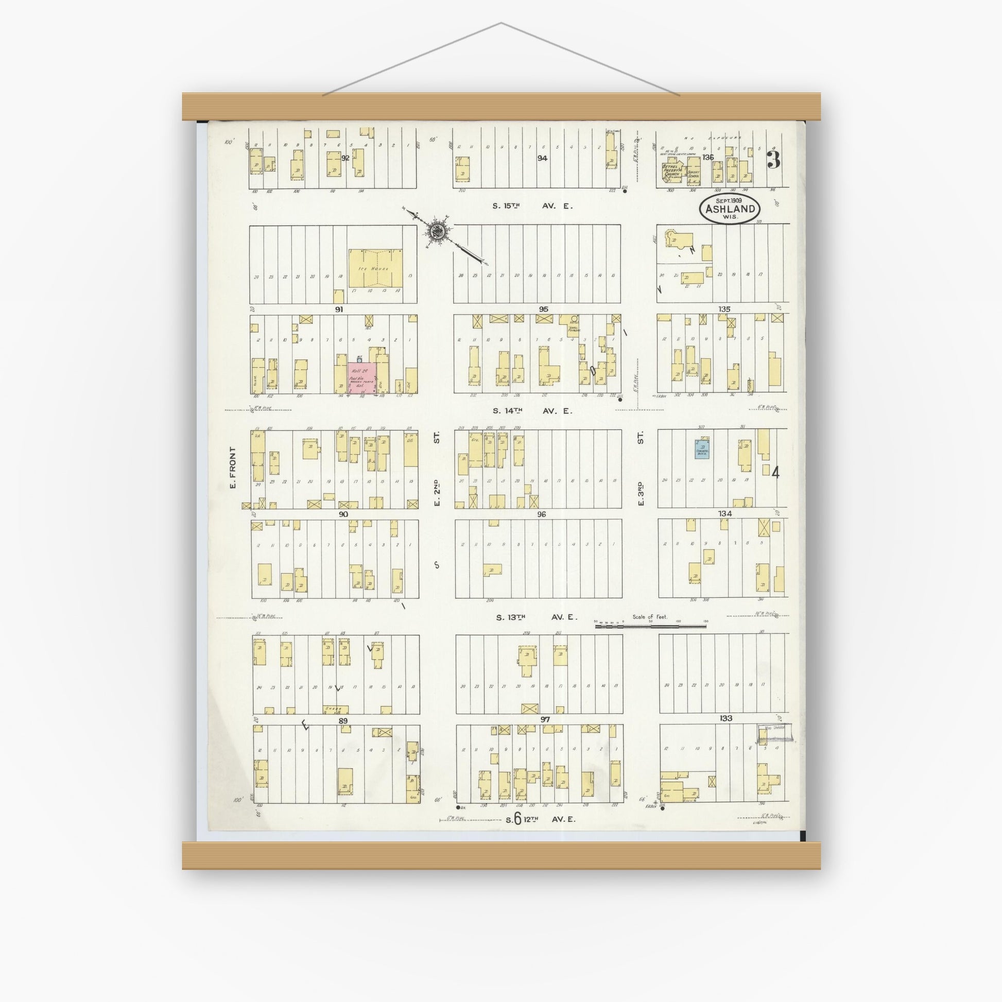 Old map wall art mockup — magnetic wood frame on white wall — Sanborn Fire Insurance Map from Ashland, Ashland County, Wisconsin (1909), Sheet #0003