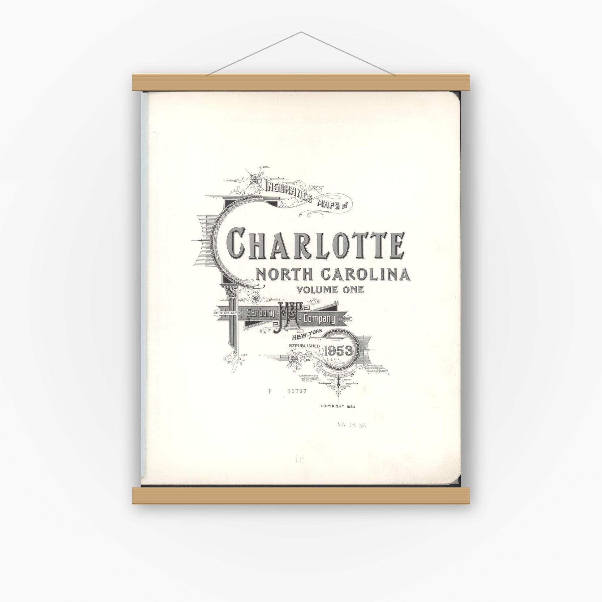 Old map wall art mockup — magnetic wood frame on white wall — Sanborn Fire Insurance Map from Charlotte, Mecklenburg County, North Carolina (1953), Sheet #0001