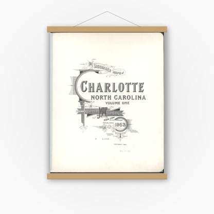 Old map wall art mockup — magnetic wood frame on white wall — Sanborn Fire Insurance Map from Charlotte, Mecklenburg County, North Carolina (1953), Sheet #0001