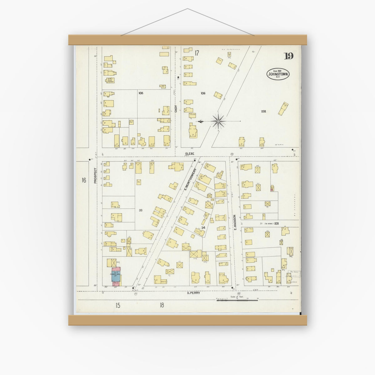 Old map wall art mockup — magnetic wood frame on white wall — Sanborn Fire Insurance Map from Johnstown, Fulton County, New York (1902), Sheet #0019