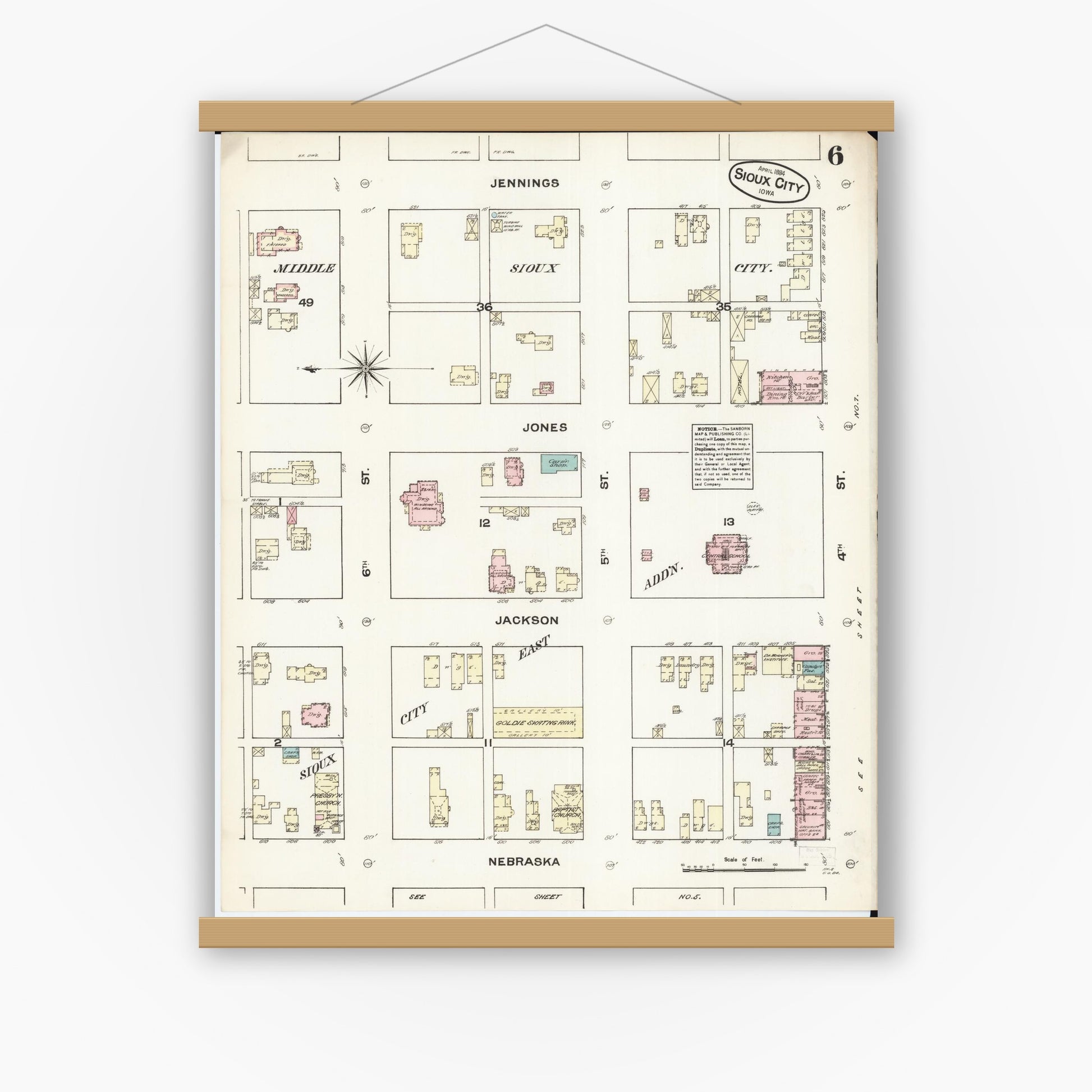 Old map wall art mockup — magnetic wood frame on white wall — Sanborn Fire Insurance Map from Sioux City, Woodbury County, Iowa (1884), Sheet #0006