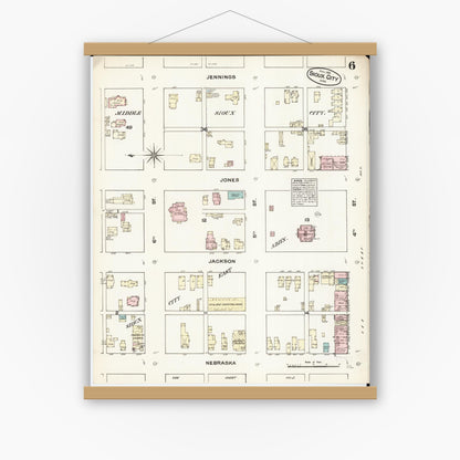 Old map wall art mockup — magnetic wood frame on white wall — Sanborn Fire Insurance Map from Sioux City, Woodbury County, Iowa (1884), Sheet #0006