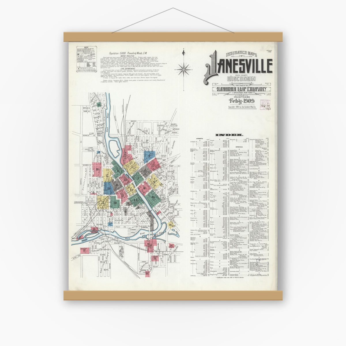 Old map wall art mockup — magnetic wood frame on white wall — Sanborn Fire Insurance Map from Janesville, Rock County, Wisconsin (1909) - Complete Map Set