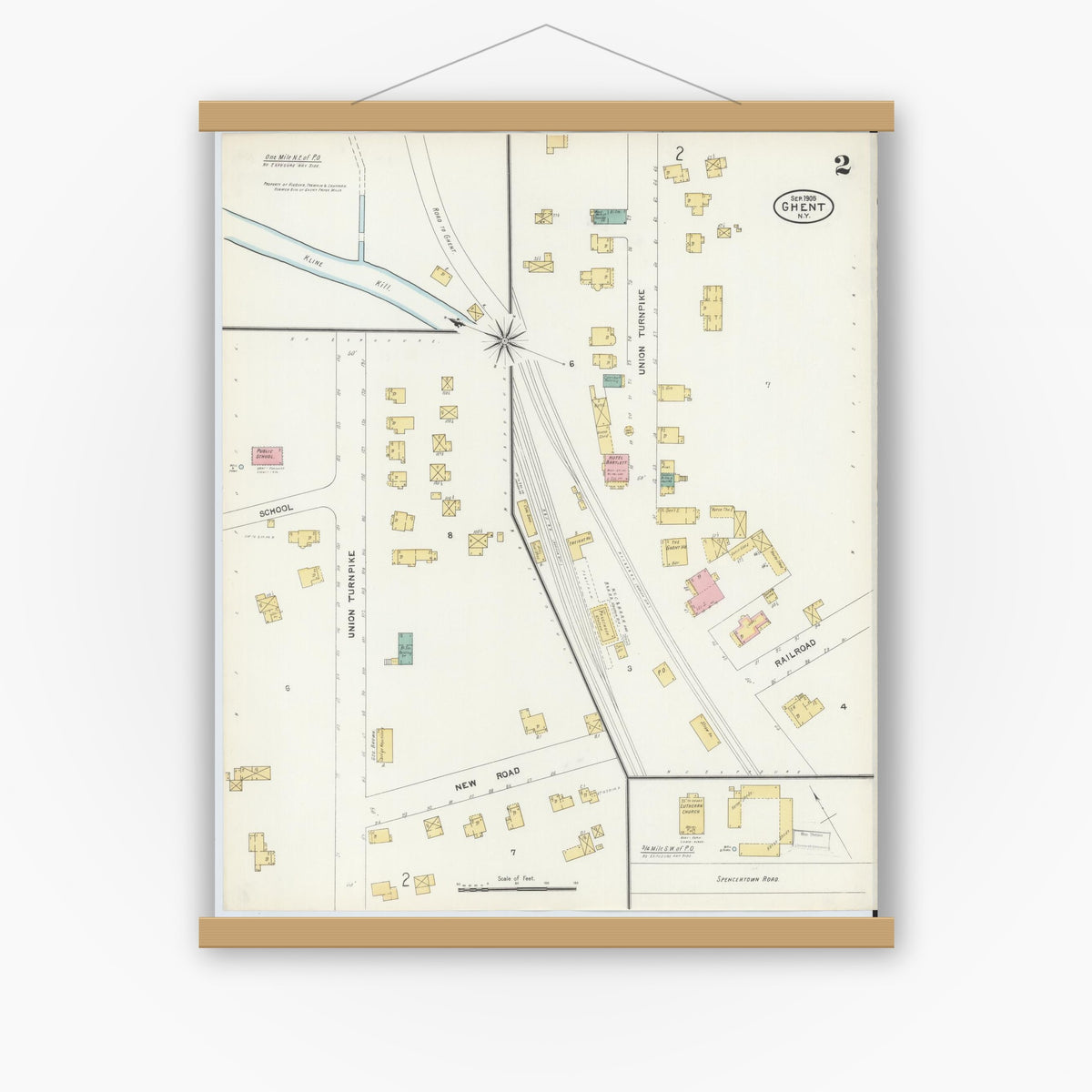 Old map wall art mockup — magnetic wood frame on white wall — Sanborn Fire Insurance Map from Ghent, Columbia County, New York (1905), Sheet #0002