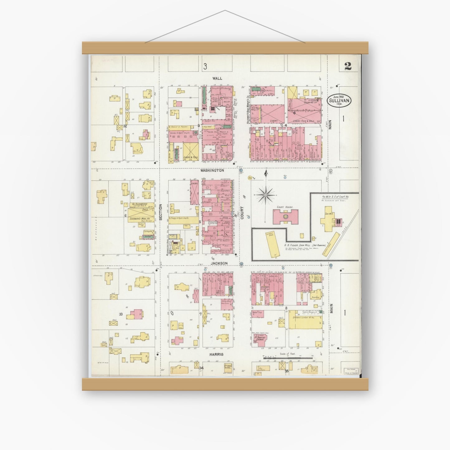 Old map wall art mockup — magnetic wood frame on white wall — Sanborn Fire Insurance Map from Sullivan, Sullivan County, Indiana (1902), Sheet #0002