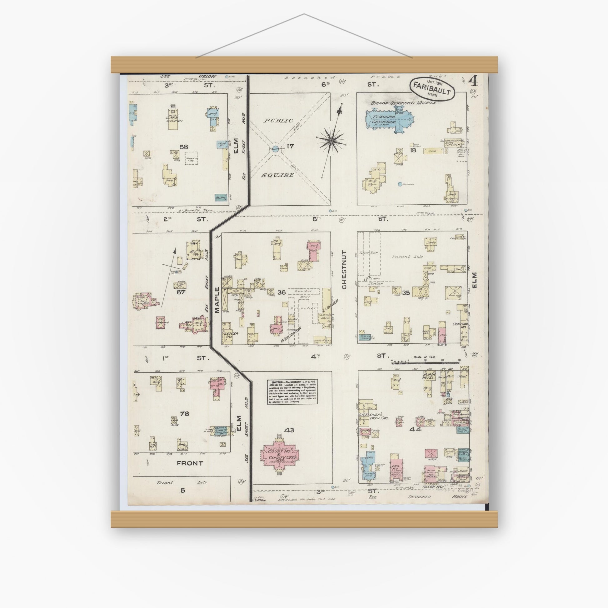 Old map wall art mockup — magnetic wood frame on white wall — Sanborn Fire Insurance Map from Faribault, Rice County, Minnesota (1884), Sheet #0004