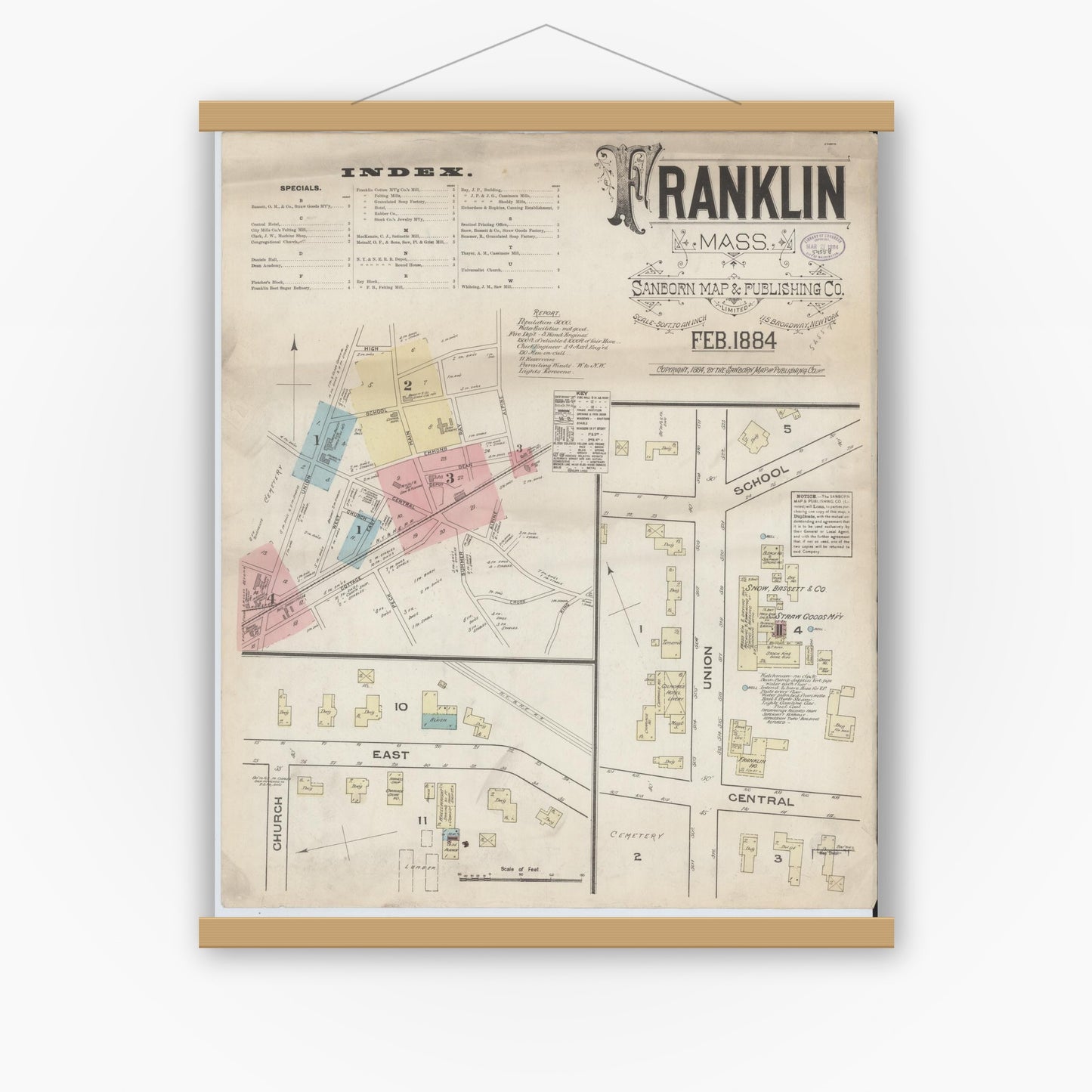 Old map wall art mockup — magnetic wood frame on white wall — Sanborn Fire Insurance Map from Franklin, Norfolk County, Massachusetts (1884), Sheet #0001