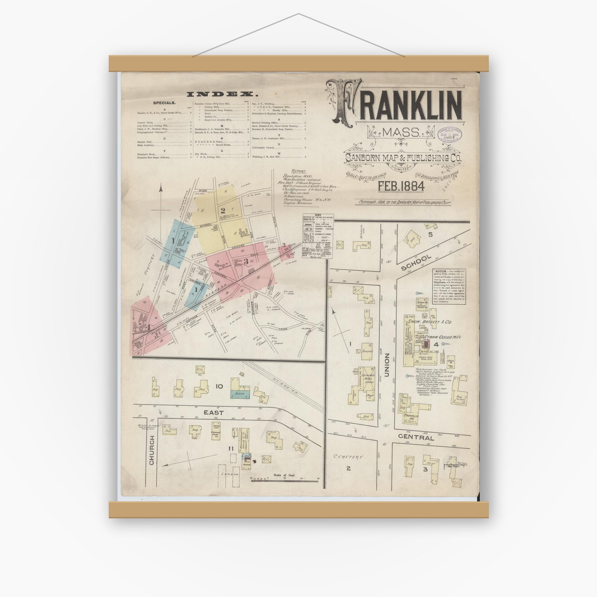 Old map wall art mockup — magnetic wood frame on white wall — Sanborn Fire Insurance Map from Franklin, Norfolk County, Massachusetts (1884), Sheet #0001