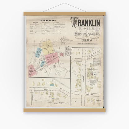 Old map wall art mockup — magnetic wood frame on white wall — Sanborn Fire Insurance Map from Franklin, Norfolk County, Massachusetts (1884), Sheet #0001