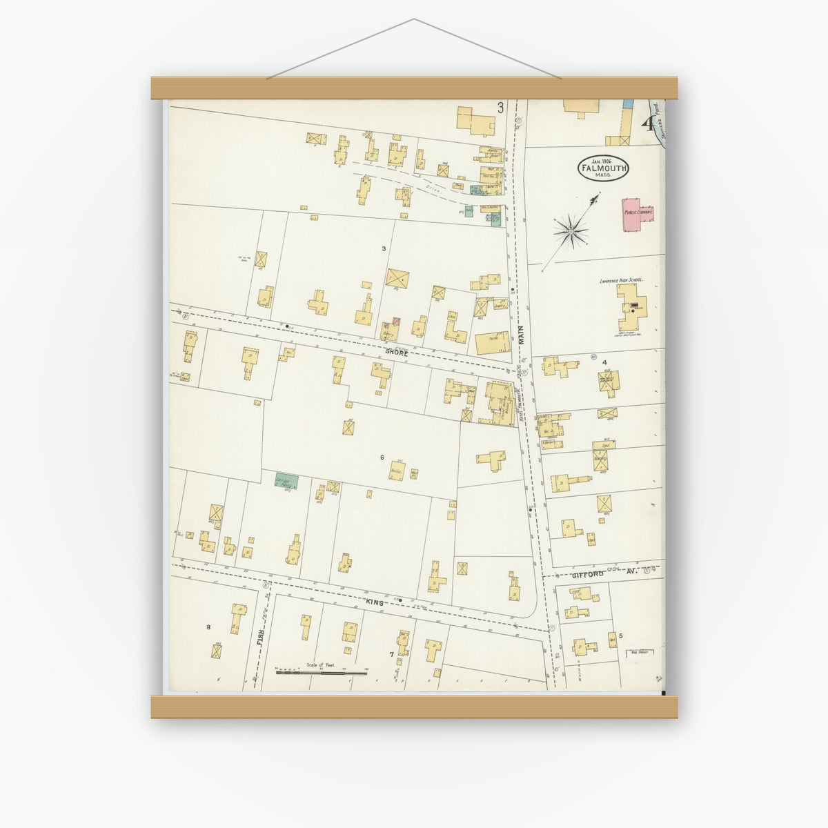 Old map wall art mockup — magnetic wood frame on white wall — Sanborn Fire Insurance Map from Falmouth, Barnstable County, Massachusetts (1906), Sheet #0004