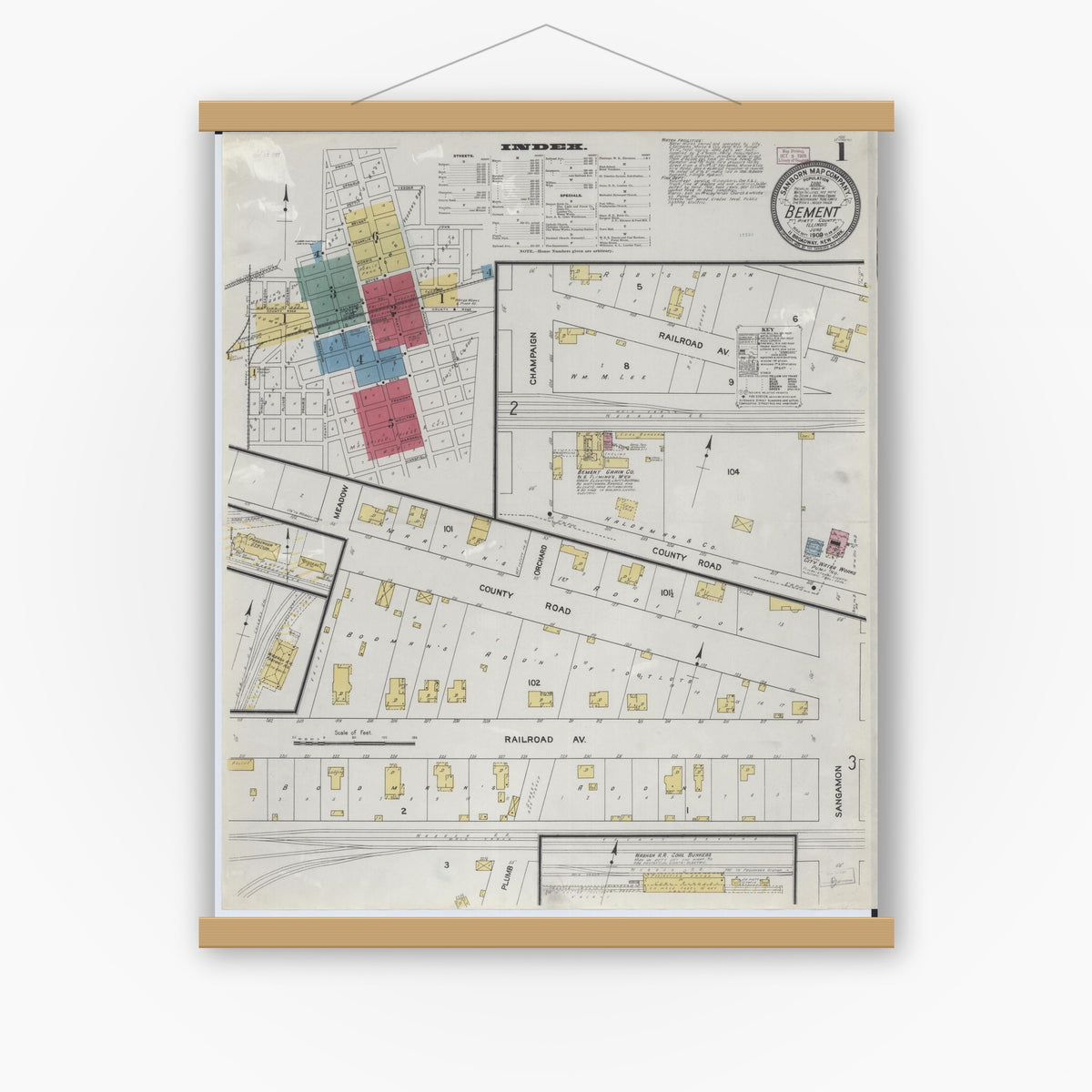 Old map wall art mockup — magnetic wood frame on white wall — Sanborn Fire Insurance Map from Bement, Piatt County, Illinois (1909) - Complete Map Set