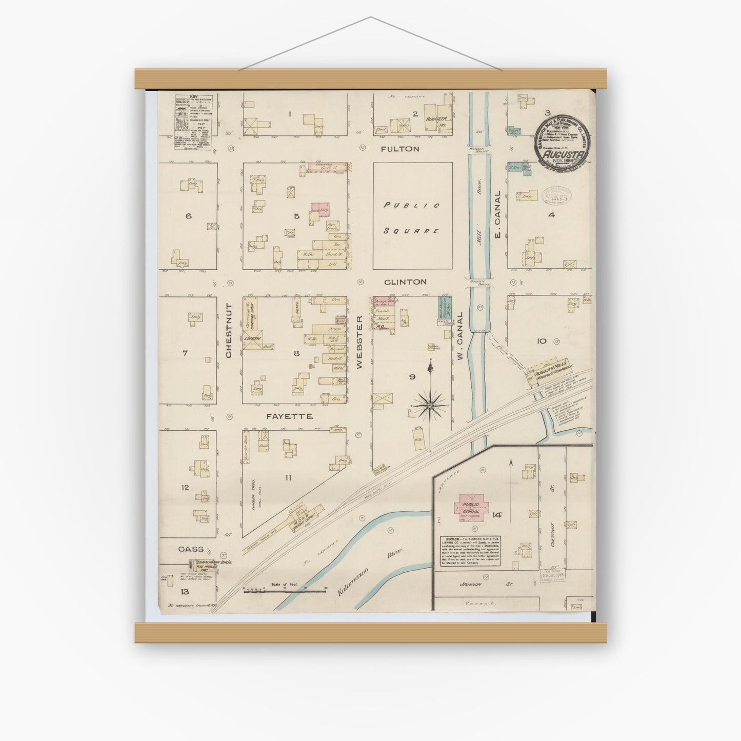 Old map wall art mockup — magnetic wood frame on white wall — Sanborn Fire Insurance Map from Augusta, Kalamazoo County, Michigan (1884), Sheet #0001