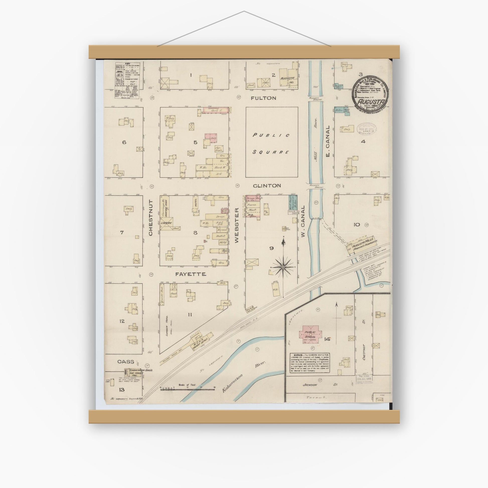 Old map wall art mockup — magnetic wood frame on white wall — Sanborn Fire Insurance Map from Augusta, Kalamazoo County, Michigan (1884), Sheet #0001