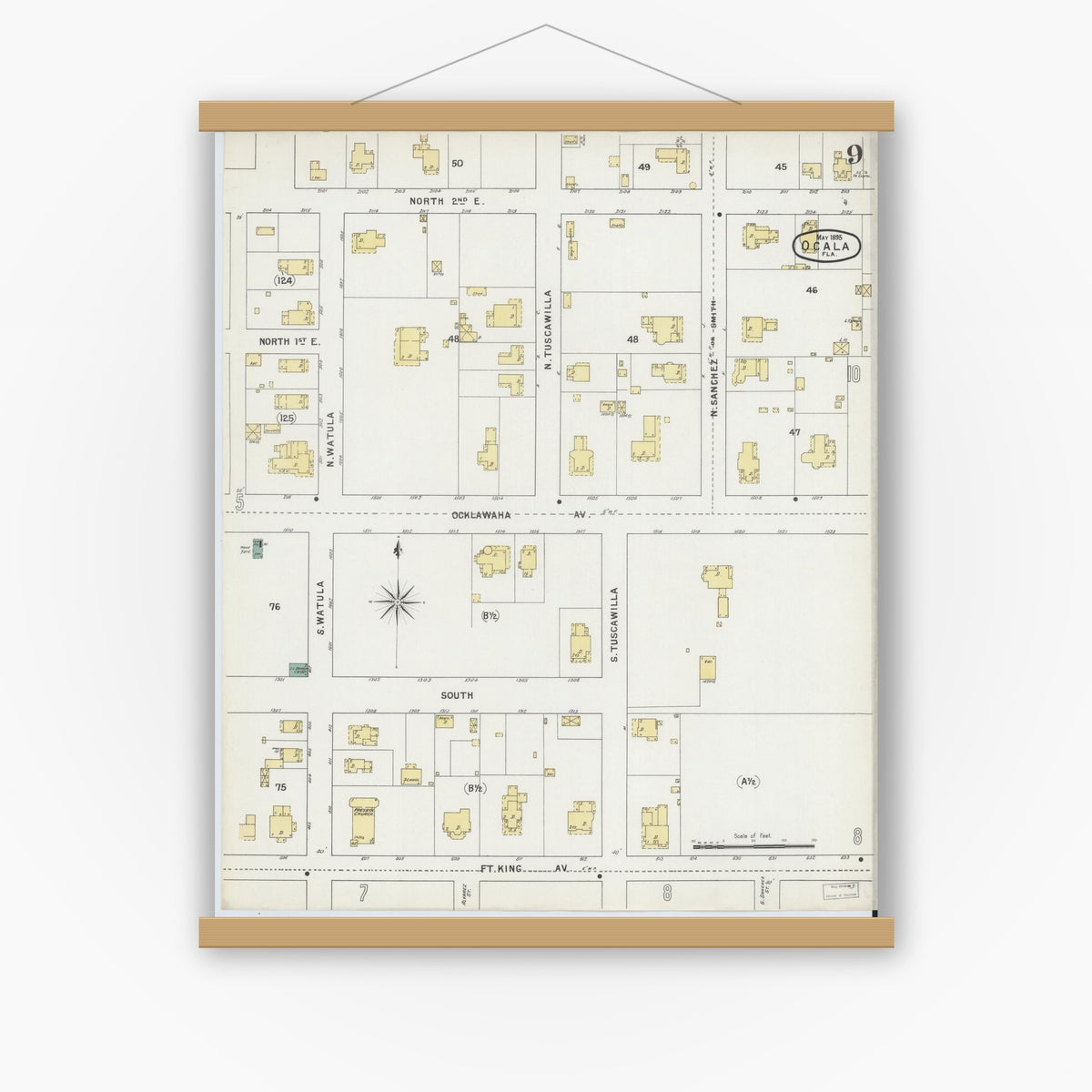 Old map wall art mockup — magnetic wood frame on white wall — Sanborn Fire Insurance Map from Ocala, Marion County, Florida (1895), Sheet #0009