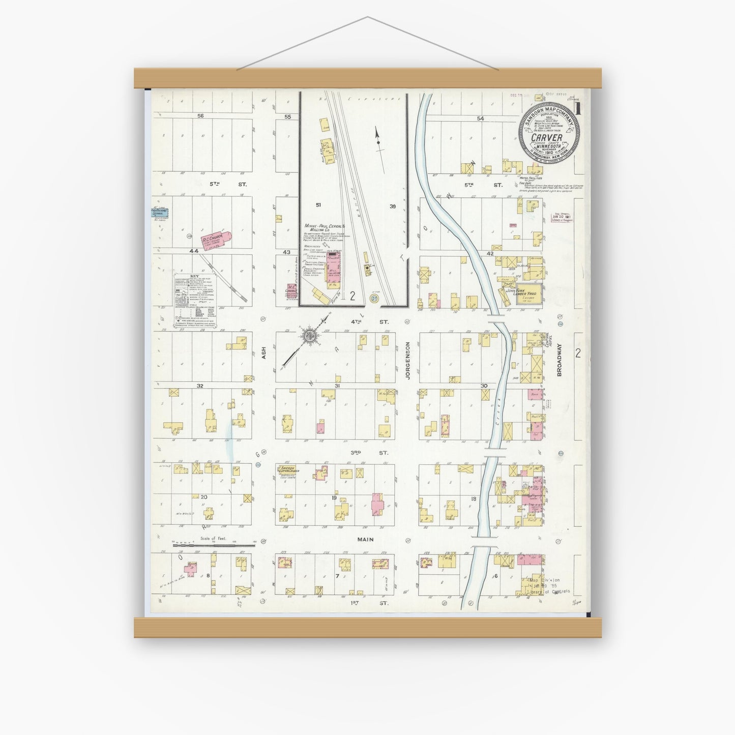 Old map wall art mockup — magnetic wood frame on white wall — Sanborn Fire Insurance Map from Carver, Carver County, Minnesota (1910), Sheet #0001