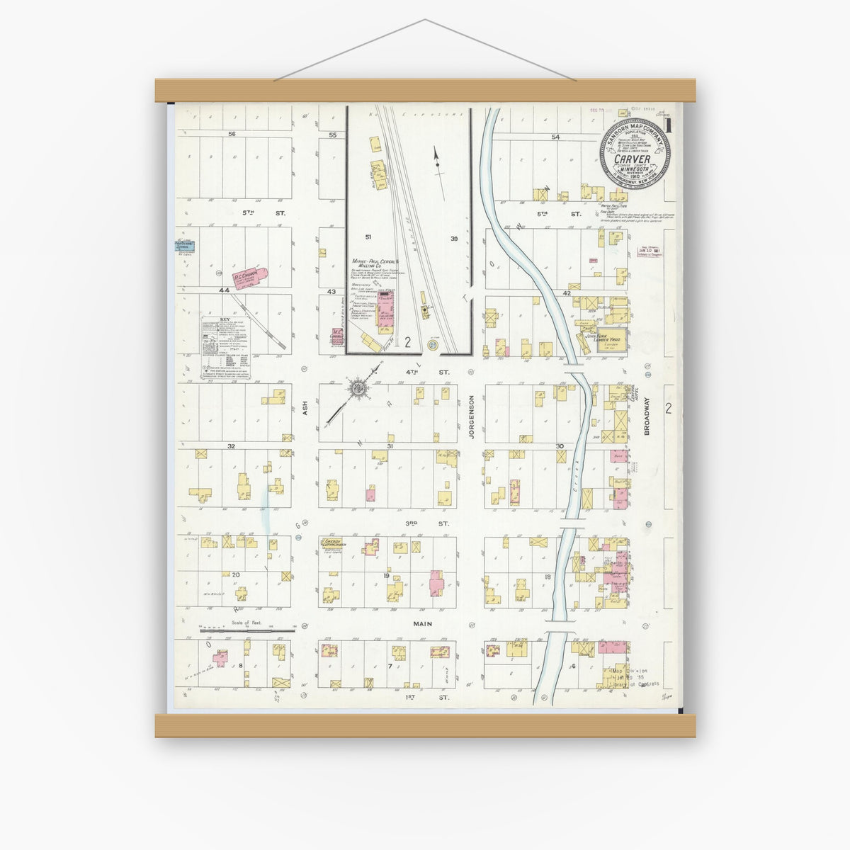 Old map wall art mockup — magnetic wood frame on white wall — Sanborn Fire Insurance Map from Carver, Carver County, Minnesota (1910), Sheet #0001