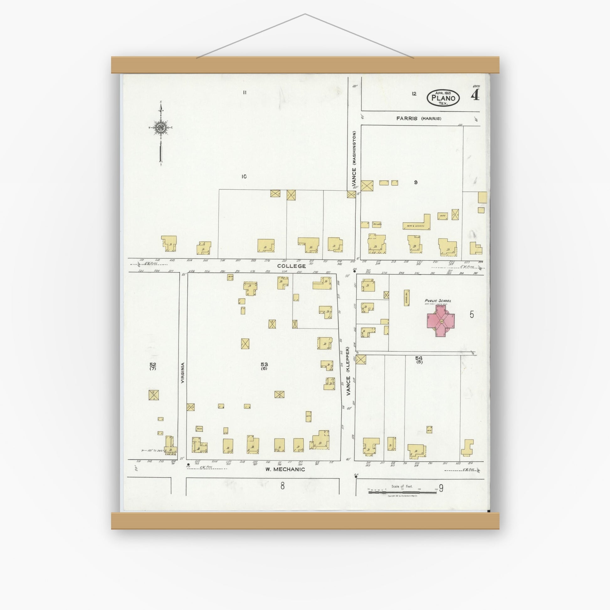 Old map wall art mockup — magnetic wood frame on white wall — Sanborn Fire Insurance Map from Plano, Collin County, Texas (1921), Sheet #0004