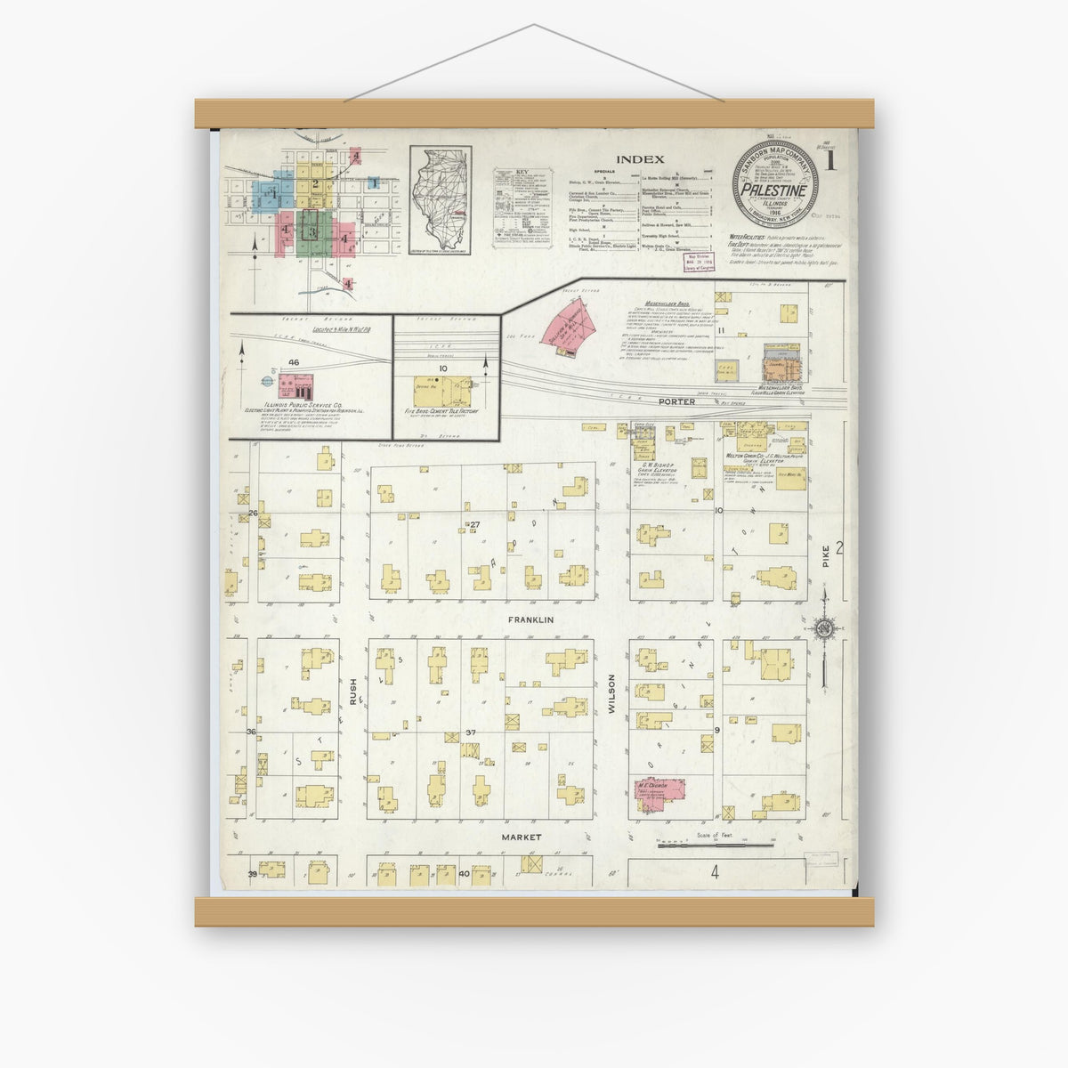 Old map wall art mockup — magnetic wood frame on white wall — Sanborn Fire Insurance Map from Palestine, Crawford County, Illinois (1916), Sheet #0001