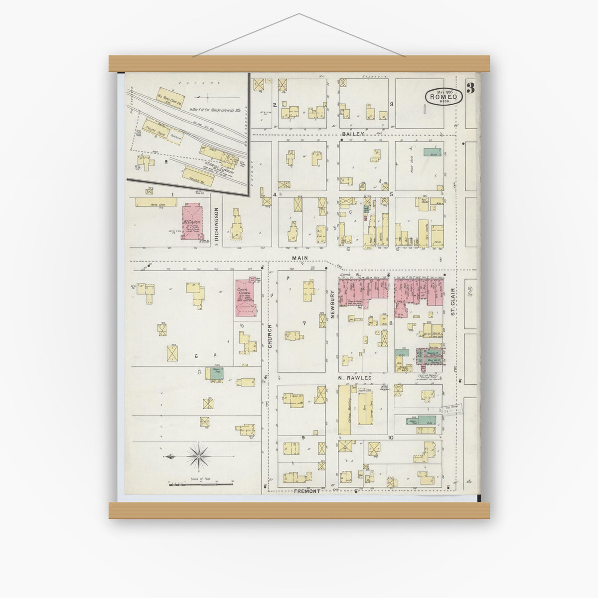 Old map wall art mockup — magnetic wood frame on white wall — Sanborn Fire Insurance Map from Romeo, Macomb County, Michigan (1895), Sheet #0003