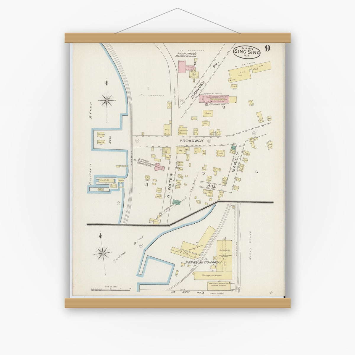 Old map wall art mockup — magnetic wood frame on white wall — Sanborn Fire Insurance Map from Sing Sing, Westchester County, New York (1886), Sheet #0009