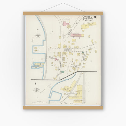 Old map wall art mockup — magnetic wood frame on white wall — Sanborn Fire Insurance Map from Sing Sing, Westchester County, New York (1886), Sheet #0009