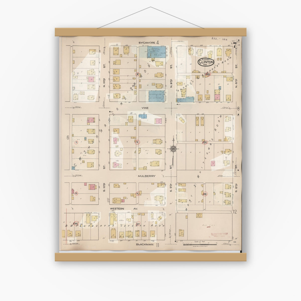 Old map wall art mockup — magnetic wood frame on white wall — Sanborn Fire Insurance Map from Clinton, Vermillion County, Indiana (1947), Sheet #0007