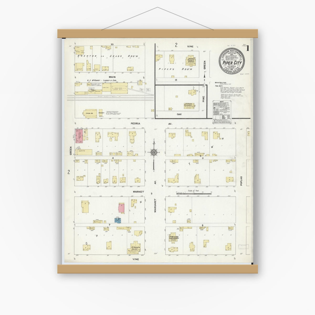 Old map wall art mockup — magnetic wood frame on white wall — Sanborn Fire Insurance Map from Piper City, Ford County, Illinois (1911) - Complete Map Set