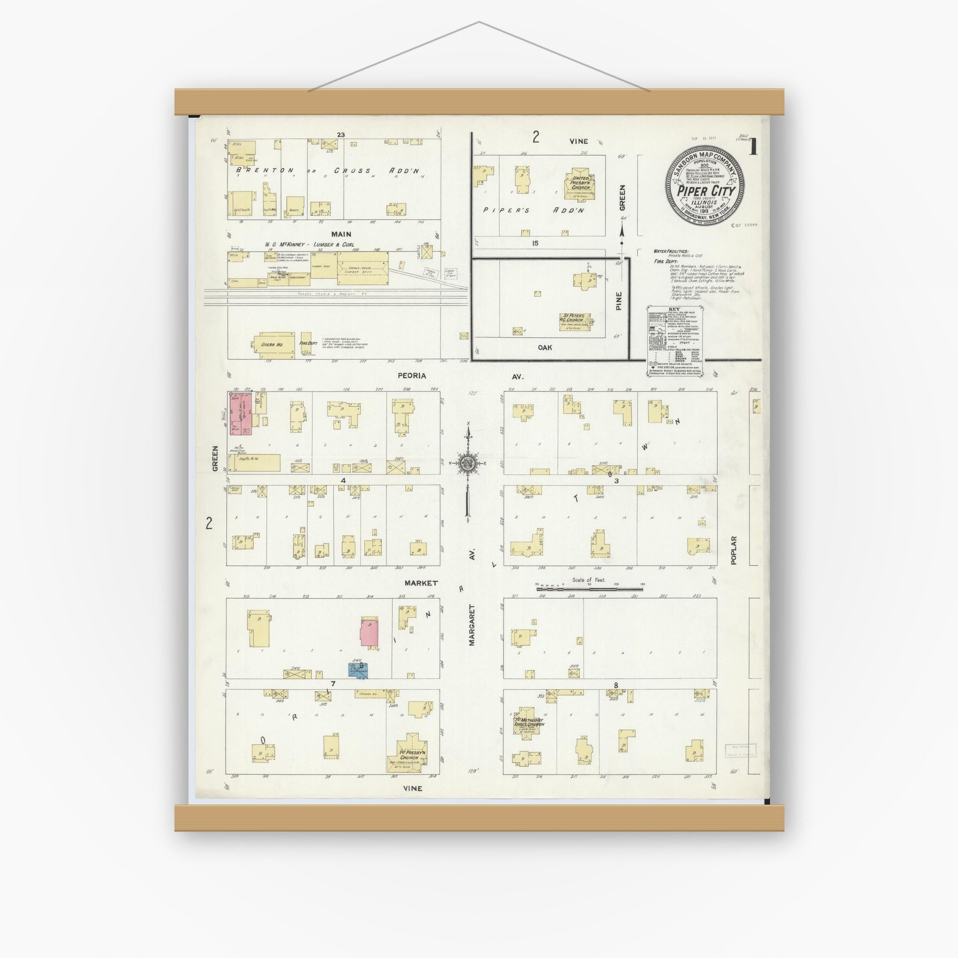 Old map wall art mockup — magnetic wood frame on white wall — Sanborn Fire Insurance Map from Piper City, Ford County, Illinois (1911) - Complete Map Set