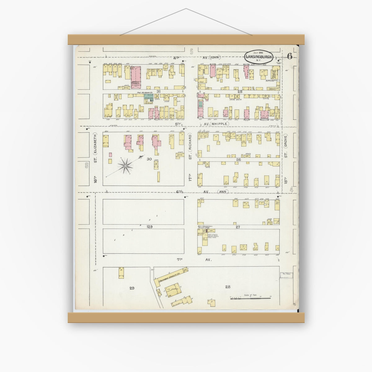 Old map wall art mockup — magnetic wood frame on white wall — Sanborn Fire Insurance Map from Lansingburg, Rensselaer County, New York (1892), Sheet #0006