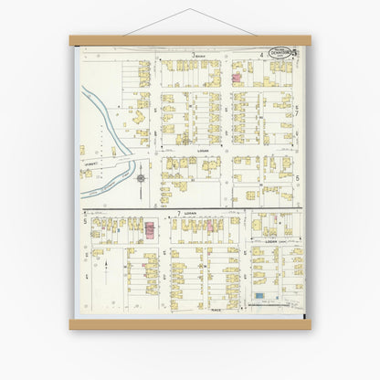 Old map wall art mockup — magnetic wood frame on white wall — Sanborn Fire Insurance Map from Dennison, Tuscarawas County, Ohio (1909), Sheet #0005