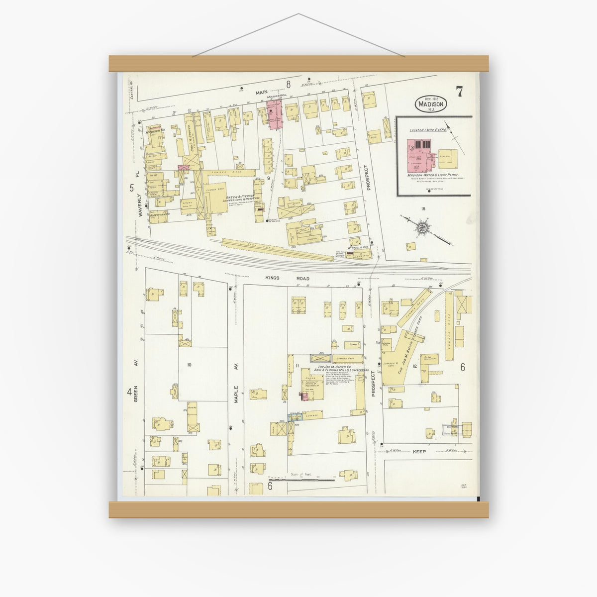 Old map wall art mockup — magnetic wood frame on white wall — Sanborn Fire Insurance Map from Madison, Morris County, New Jersey (1912), Sheet #0007