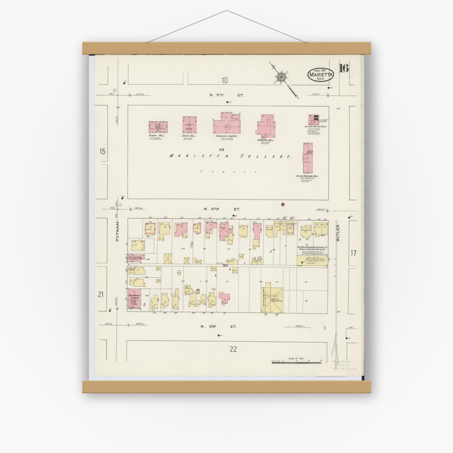 Old map wall art mockup — magnetic wood frame on white wall — Sanborn Fire Insurance Map from Marietta, Washington County, Ohio (1915), Sheet #0016