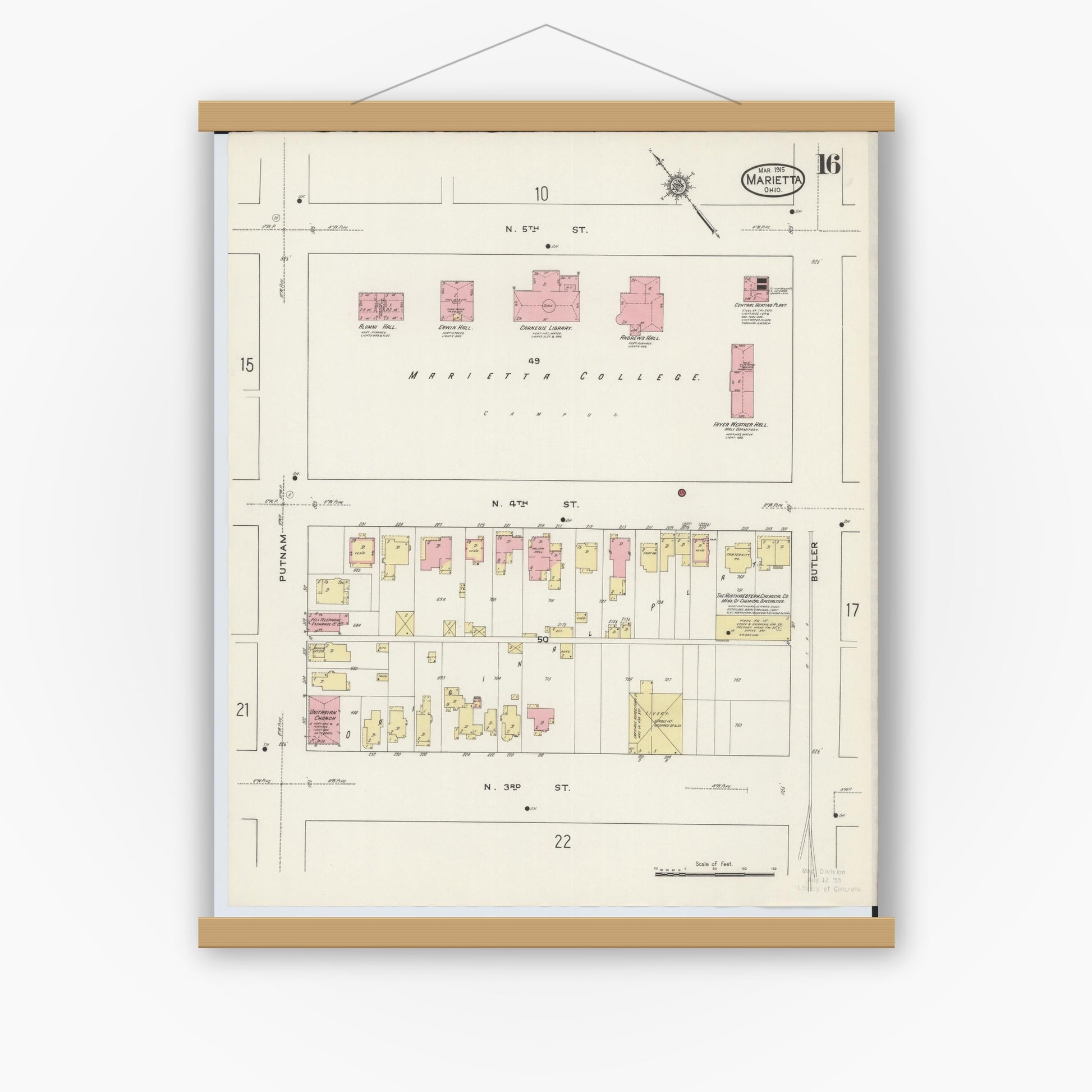 Old map wall art mockup — magnetic wood frame on white wall — Sanborn Fire Insurance Map from Marietta, Washington County, Ohio (1915), Sheet #0016