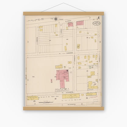 Old map wall art mockup — magnetic wood frame on white wall — Sanborn Fire Insurance Map from Compton, Los Angeles County, California (1922), Sheet #0004