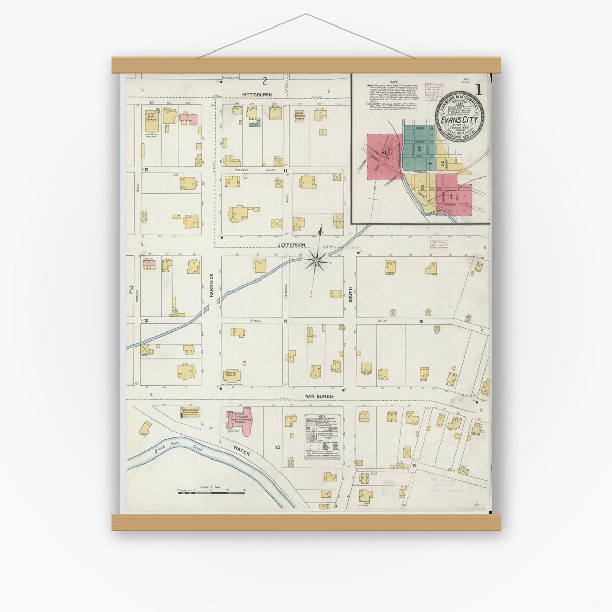 Old map wall art mockup — magnetic wood frame on white wall — Sanborn Fire Insurance Map from Evans City, Butler County, Pennsylvania (1906), Sheet #0001