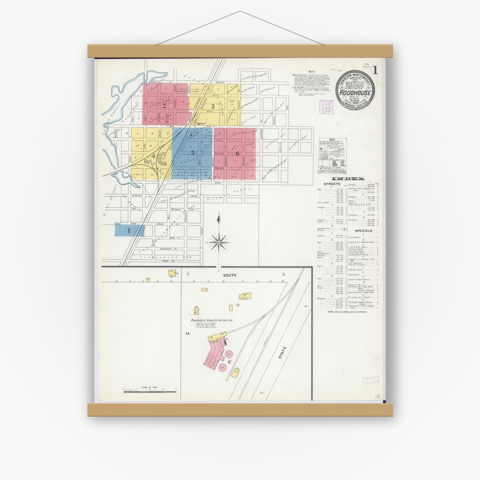 Old map wall art mockup — magnetic wood frame on white wall — Sanborn Fire Insurance Map from Roodhouse, Greene County, Illinois (1906), Sheet #0001