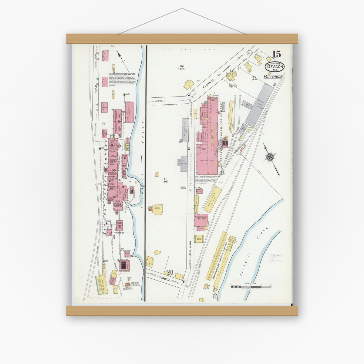 Old map wall art mockup — magnetic wood frame on white wall — Sanborn Fire Insurance Map from Beacon, Dutchess County, New York (1919), Sheet #0015