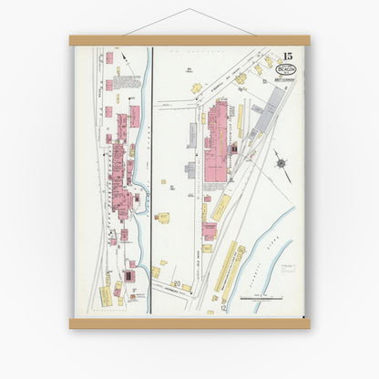 Old map wall art mockup — magnetic wood frame on white wall — Sanborn Fire Insurance Map from Beacon, Dutchess County, New York (1919), Sheet #0015