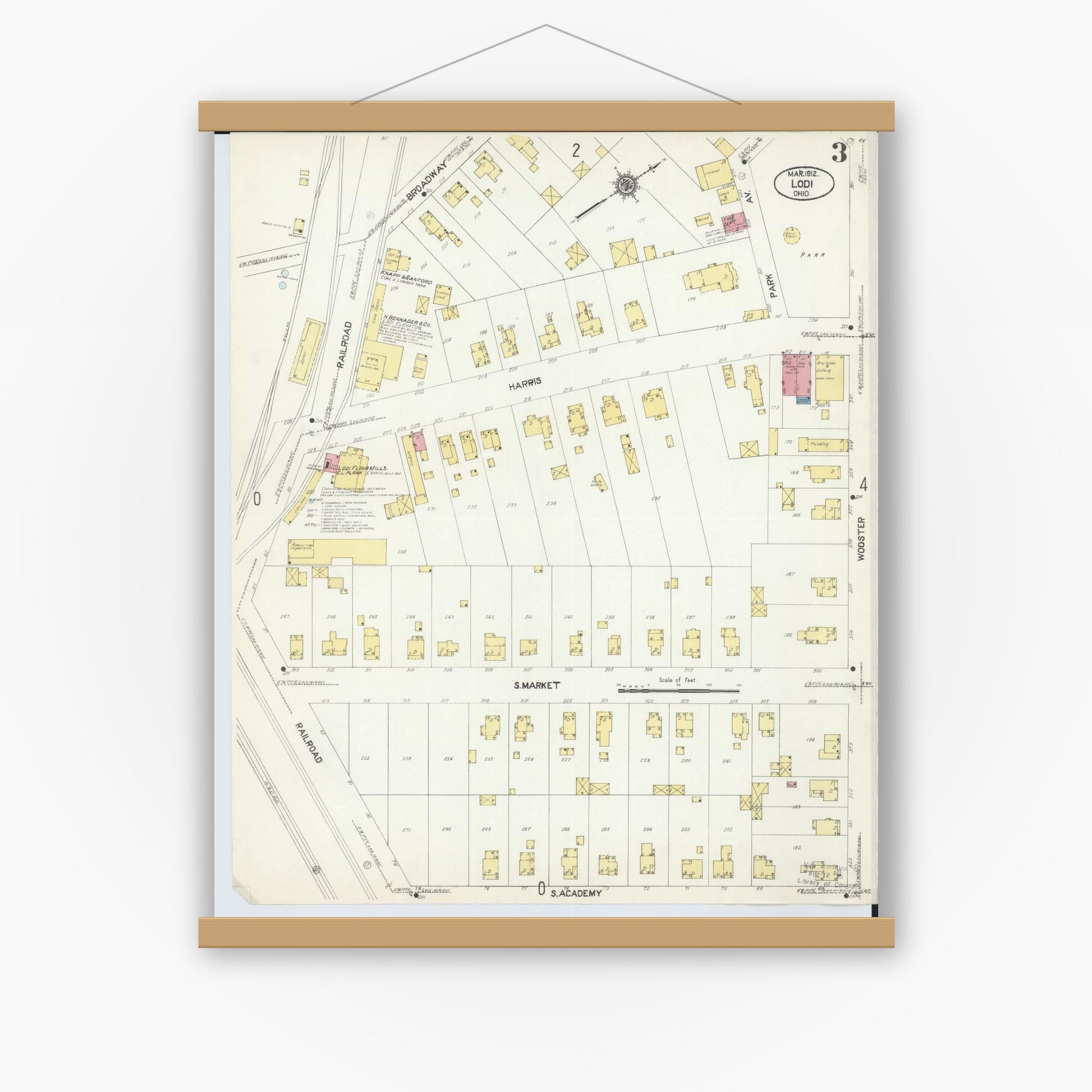 Old map wall art mockup — magnetic wood frame on white wall — Sanborn Fire Insurance Map from Lodi, Medina County, Ohio (1912), Sheet #0003