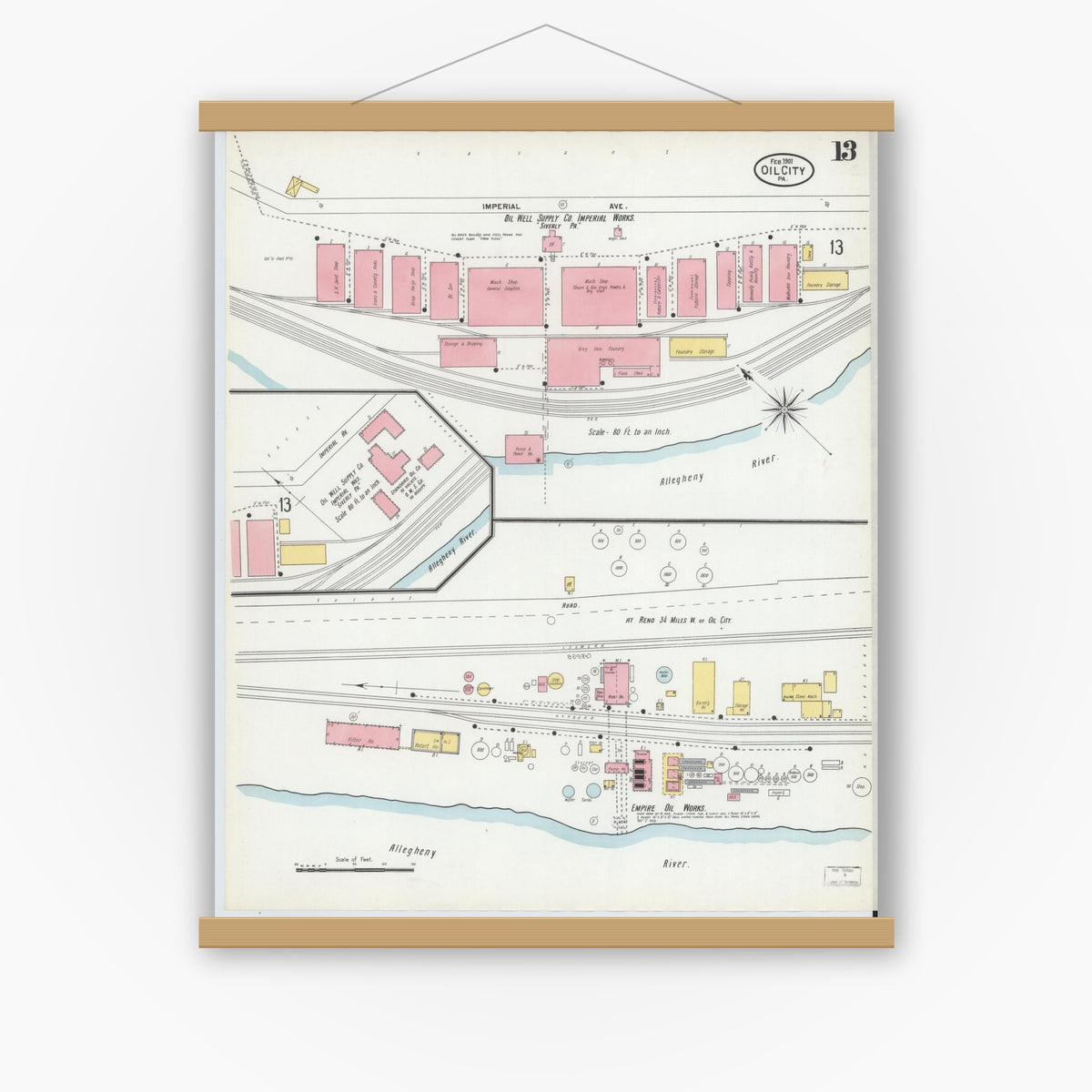 Old map wall art mockup — magnetic wood frame on white wall — Sanborn Fire Insurance Map from Oil City, Venango County, Pennsylvania (1901), Sheet #0013