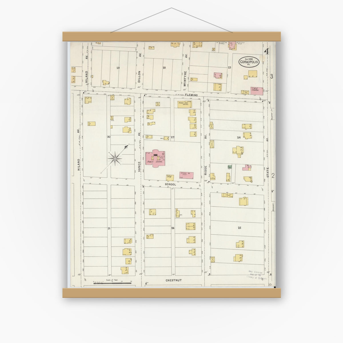 Old map wall art mockup — magnetic wood frame on white wall — Sanborn Fire Insurance Map from Coraopolis, Allegheny County, Pennsylvania (1898), Sheet #0004