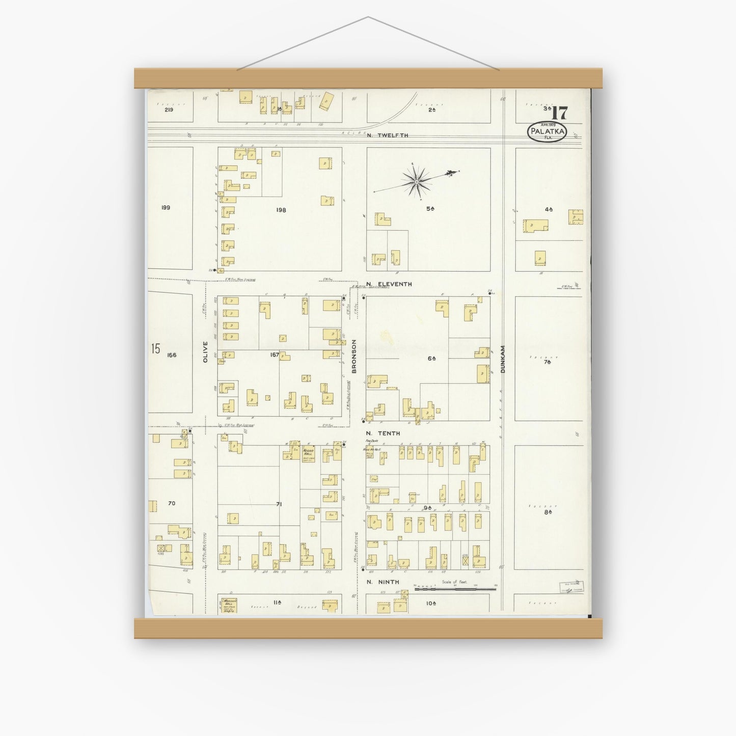 Old map wall art mockup — magnetic wood frame on white wall — Sanborn Fire Insurance Map from Palatka, Putnam County, Florida (1909), Sheet #0017