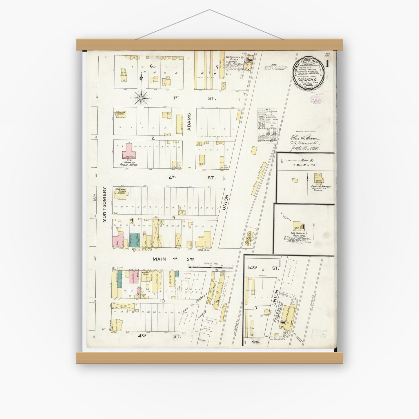 Old map wall art mockup — magnetic wood frame on white wall — Sanborn Fire Insurance Map from Griswold, Cass County, Iowa (1894), Sheet #0001
