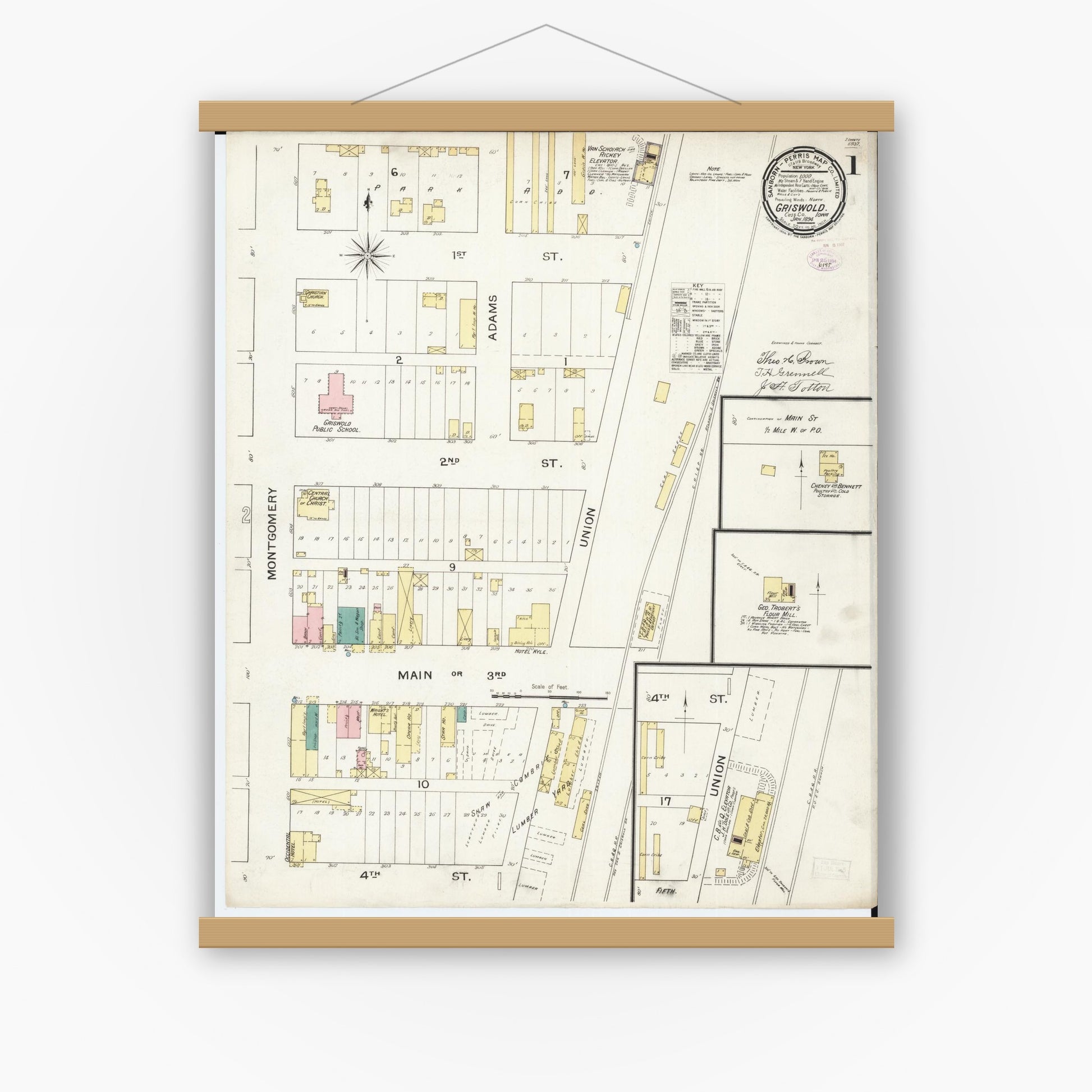 Old map wall art mockup — magnetic wood frame on white wall — Sanborn Fire Insurance Map from Griswold, Cass County, Iowa (1894), Sheet #0001